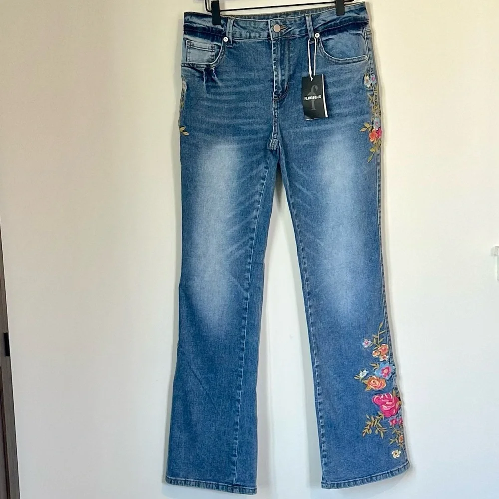 NWT Flamingals Floral Embroidered Boot Cut Jeans - Size: Large - Picture 2 of 13